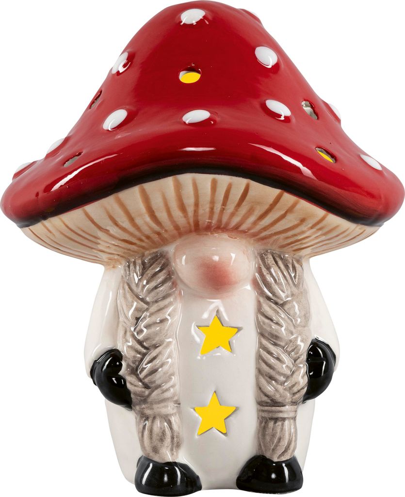 HGD Keramik-Wichtel mit Zöpfen und LED-Beleuchtung - mit Fliegenpilzkopf - batteriebetrieben - Ø12 x 13 cm