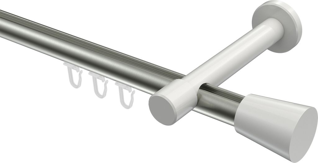 Interdeco Innenlaufstange / Gardinenstange mit Innenlauf Edelstahl-Optik / Weiß, Typ Prestige Sitra (Konus), 20 mm Ø 1-läufig, 180 cm