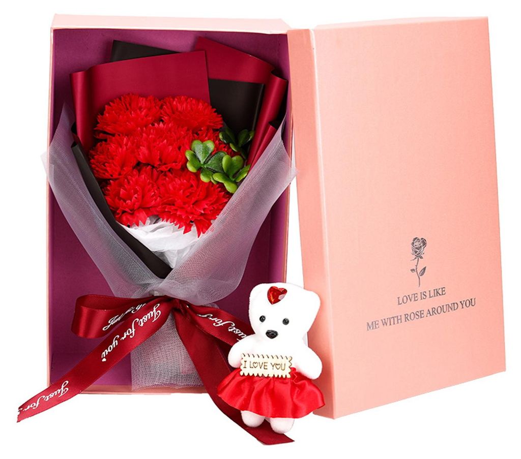 Valentinstag-Blumenstrauß mit Bär und Geschenkbox, 7 duftende Seifenblumen, künstlicher Rosen-Nelkenstrauß für Frauen, Mütter, Geburtstag, Ja...