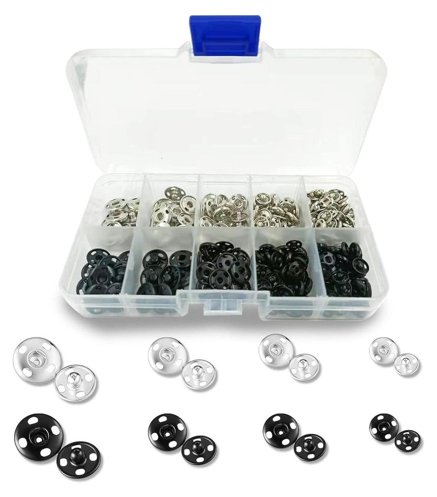 A clear, well-lit studio shot of a set of snap fasteners in a divided plastic organizer box, with additional examples of the fasteners displayed below.