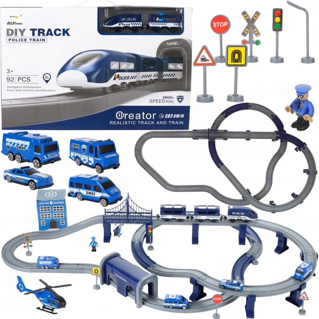 Malplay Eisenbahn-Set Bahnstrecke mit Hubschrauber Autos Rennwagen-Bahn 103x61x15cm Zug mit Waggons Spielzeug für Kinder