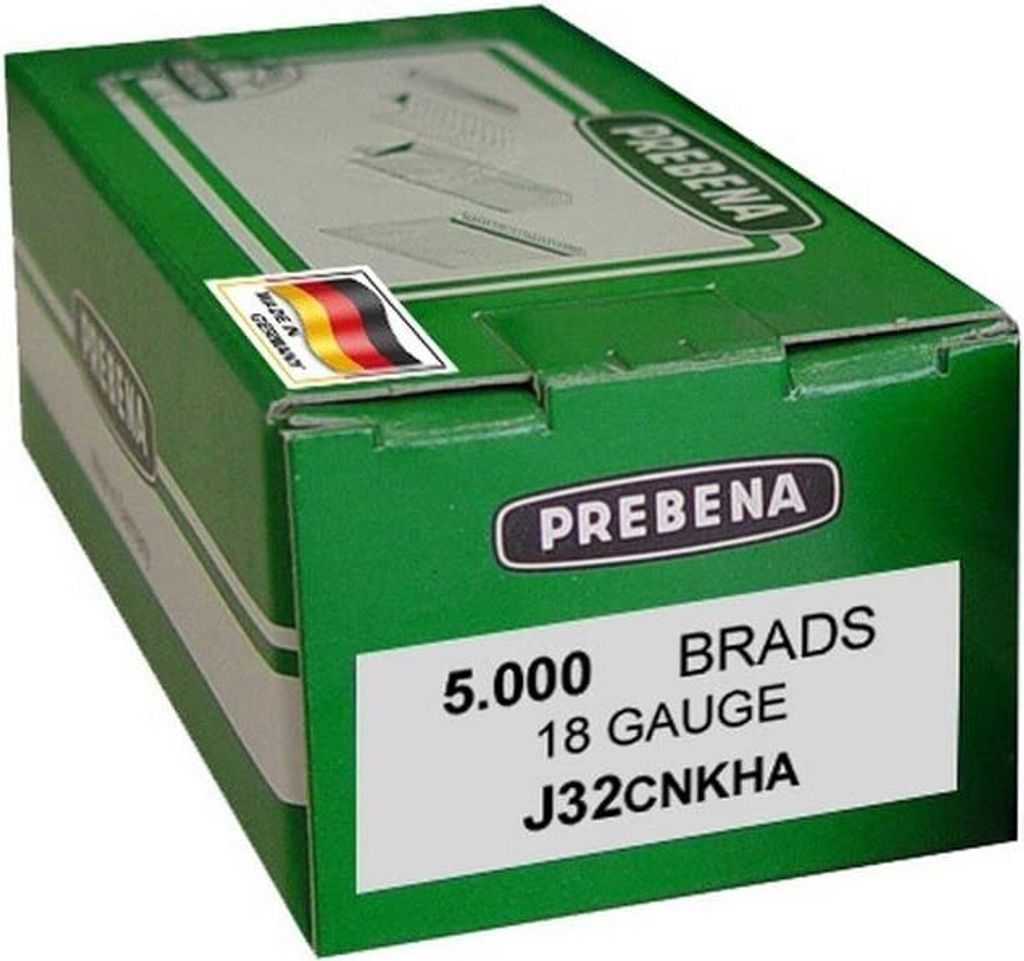 A green cardboard box of Prebena brads.