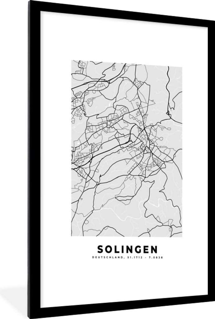 MuchoWow Gerahmtes Poster Karte - Deutschland - Solingen- Karte - Stadtplan 60x90 cm - Poster mit Schwarzem Bilderrahmen Wandposter Rahmen Foto B...