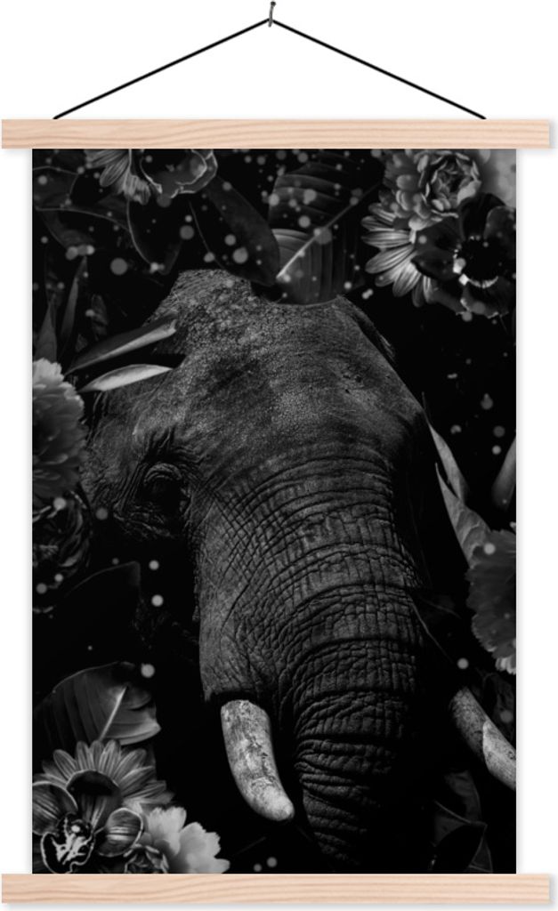 MuchoWow Textilposter Botanischer Elefant mit Leuchtkugeln auf schwarzem Hintergrund - schwarz und weiß 40x60 cm mit holzfarbenen Rahmen - Poster