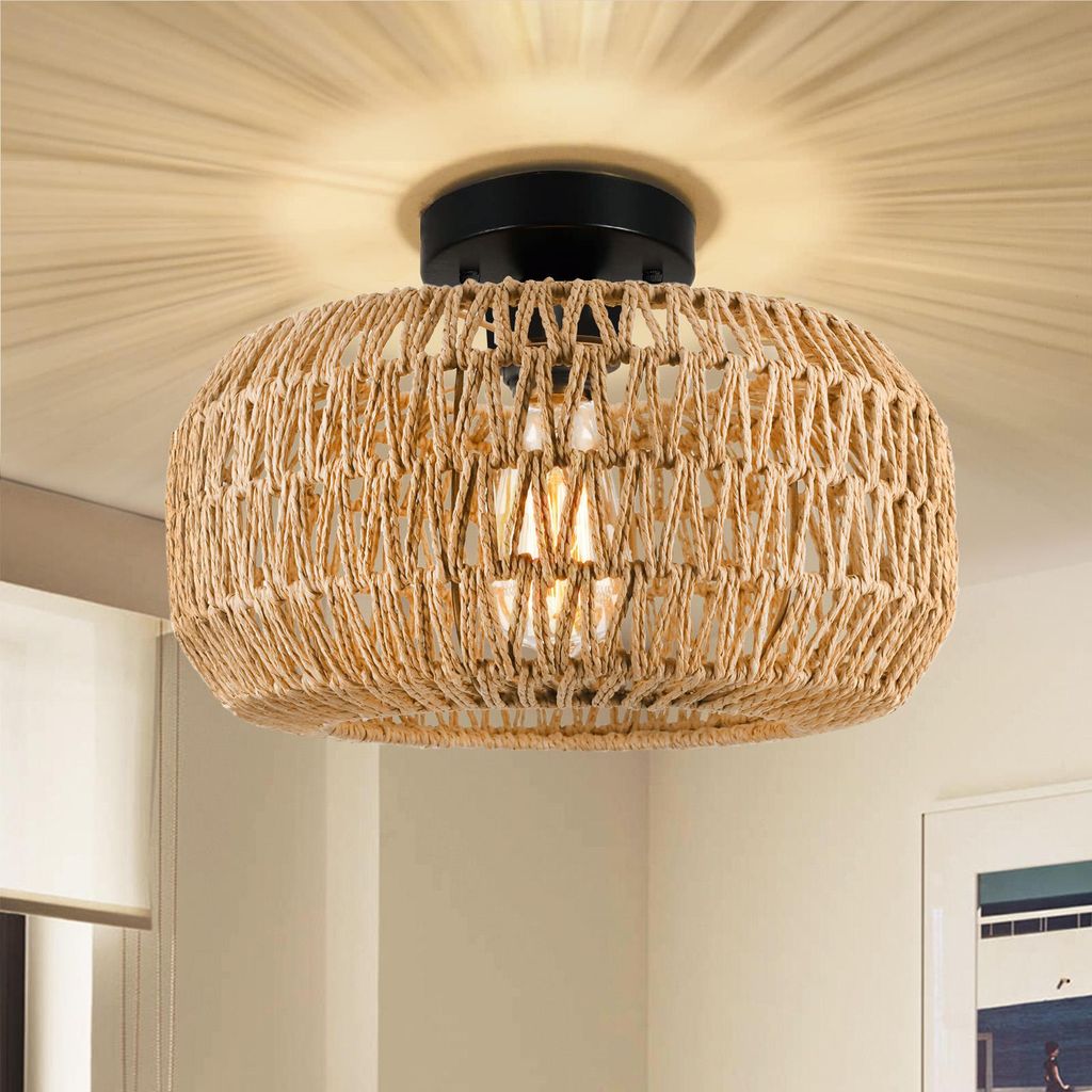 Deckenlampe Boho Vintage Deckenleuchte E27 Pendelleuchte mit Rattan Lampenschirm Hängelampe für Wohnzimmer, Schlafzimmer, Küche, Flur