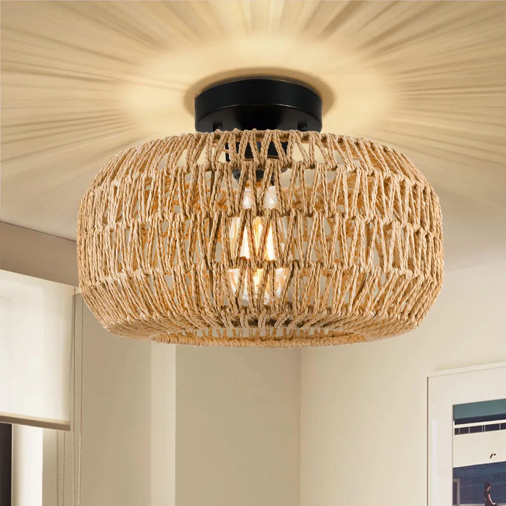Lampada da soffitto Plafoniera vintage Boho E27 a sospensione con paralume in rattan lampada a sospensione per soggiorno, camera da letto, cucina, corridoio