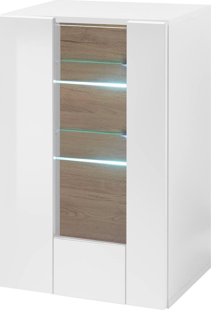 LIVOJO M14 Wohnzimmer Vitrine halbhoch 45 x 71 x 38 cm Weiß Hochglanz & Grandson Oak hell
