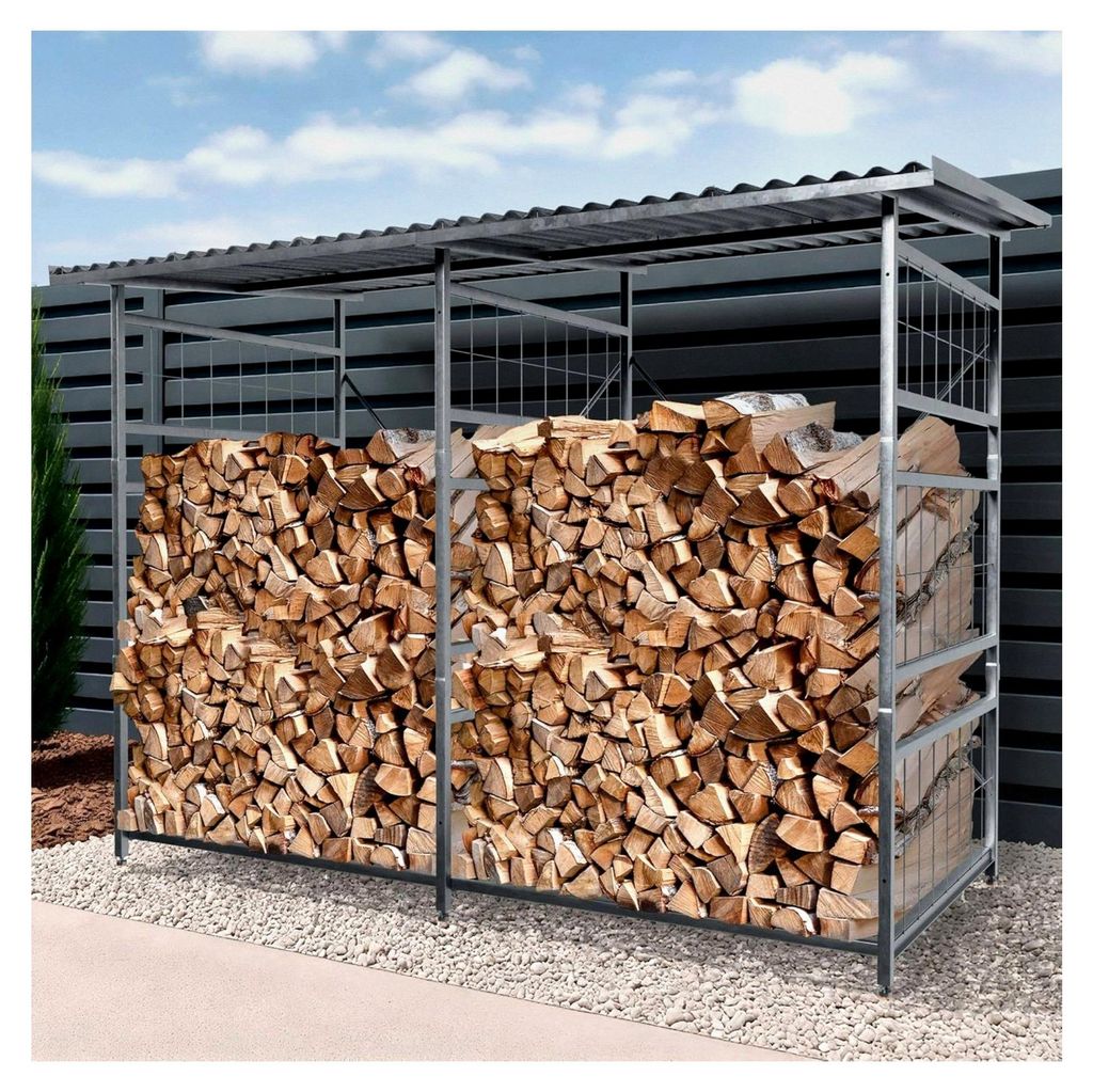 Brennholzregal Macon, wetterfest mit wählbarem Dachneigungswinkel, feuerverzinkter Stahl für 2,2m³ oder 4,4m³ Kaminholz, Holzlager, Farbe: Meta...