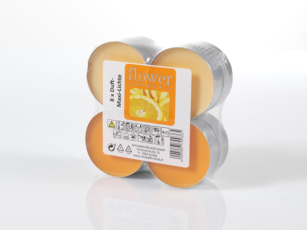 8-er Duft-Maxilichte Orange, Flower Power 11,5x4,5cm