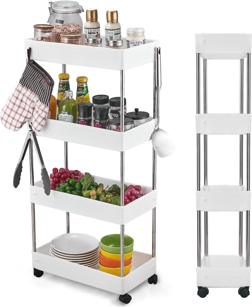 Küchenwagen mit 4 Ebenen,Küchenregal, Nischenregal auf Rollen, Rollwagen Schmal, Nischenregal 22cm breit,Aufbewahrungsregal für Küche, Bad 40x2...