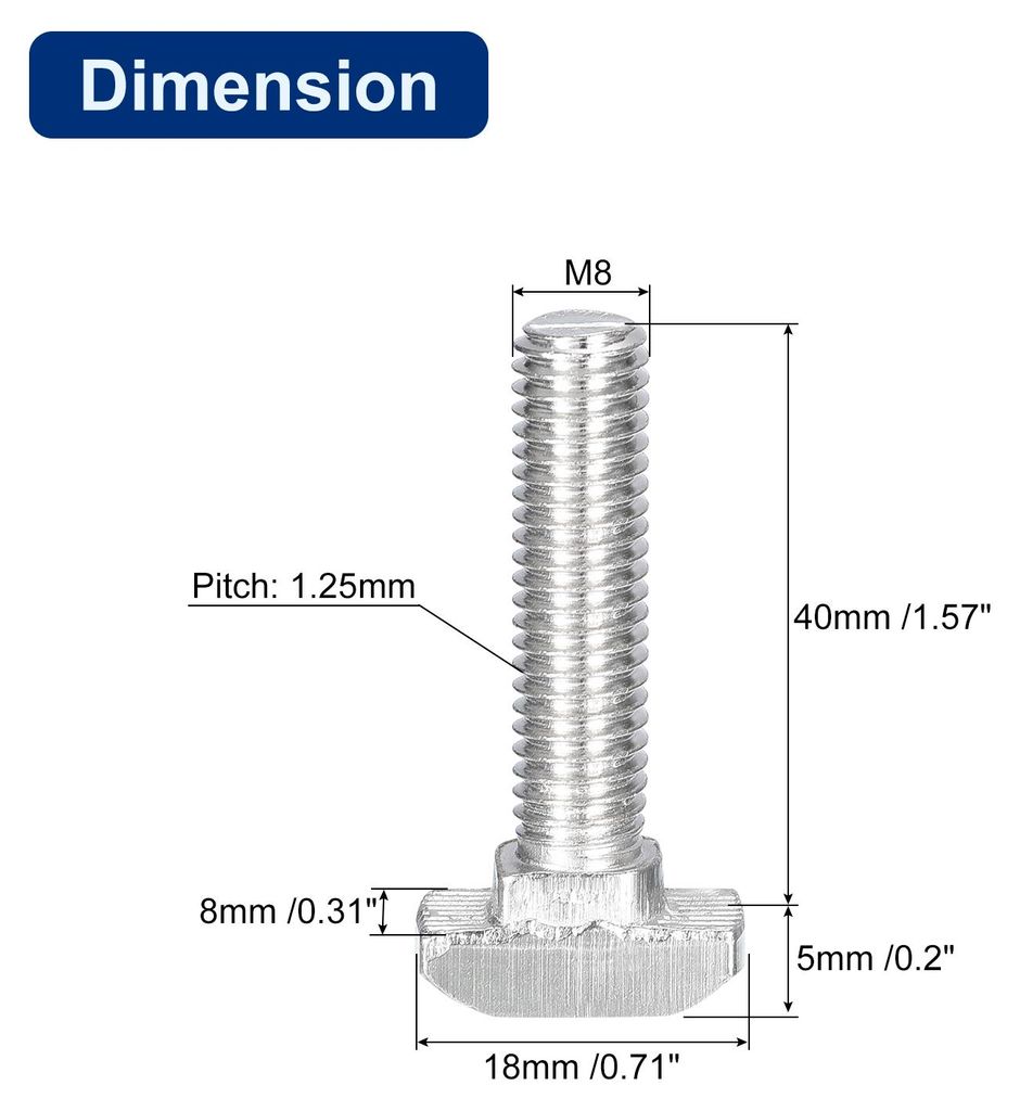 20 Stš¹ck Hammerkopfschrauben T-Nutenbolzen, M8 x 40mm T-Schraube Einsteckbolzen fš¹r 4040er Serie T-Nuten Aluminium-Strangpressprofil, Kohlens...