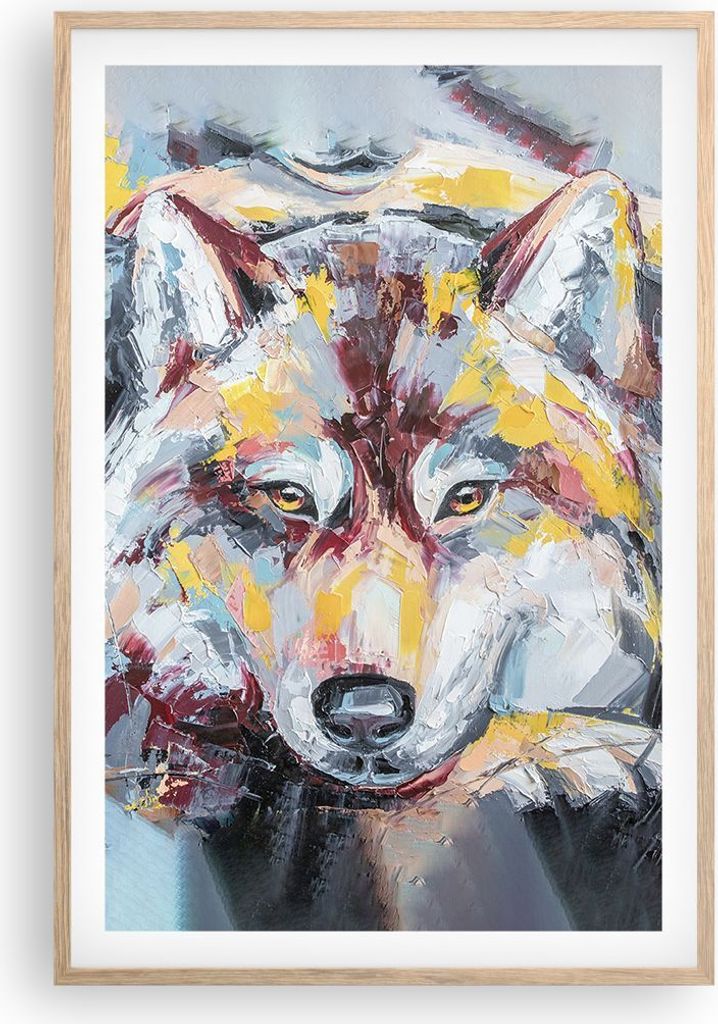 Gerahmtes Poster - Rahmen in heller Eiche - Öl Wolf Hund - 61x91,5 cm - Wand Bild - Wanddeko - Wandbilder - Kunstposter - Wandposter - Bilderrahme...