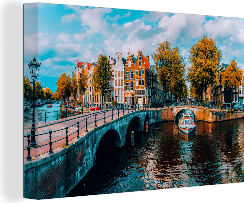 OneMillionCanvasses - Leinwandbilder - 150x100 cm, Panorama - Amsterdam - Gracht, Wandbilder Kunstdruck Wanddekoration