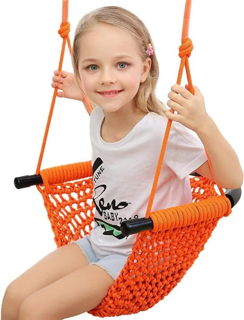 Balançoire enfant extérieure orange, tricoté main, hauteur réglable
