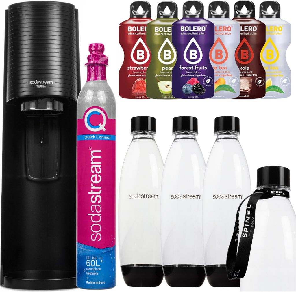SodaStream Wassersprudler Terra Schwarz Set mit 3 Flaschen Kartusche Sirup