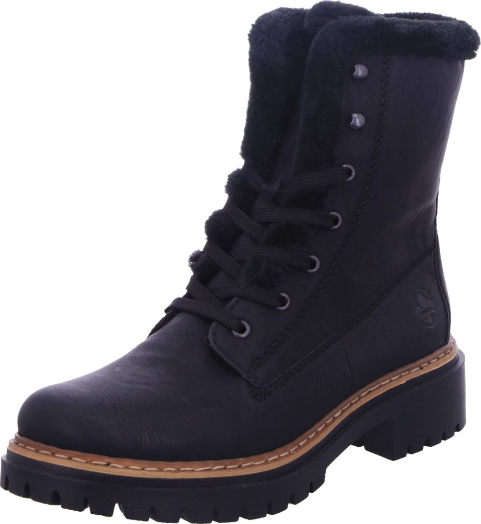 A black lace-up boot with faux fur lining.