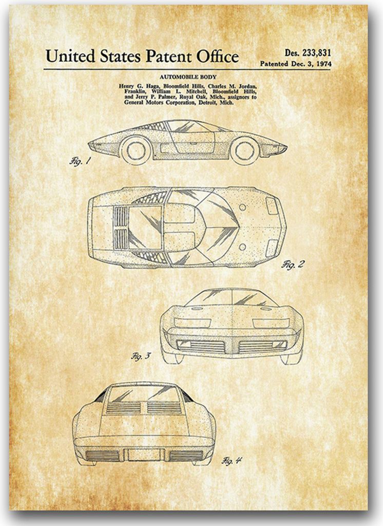 Poster - Canvas - Leinwand - 59,4 cm x 84,1 cm - Fotoposter - Leinwandkunst - Corvette Karosserie Unted States Patent