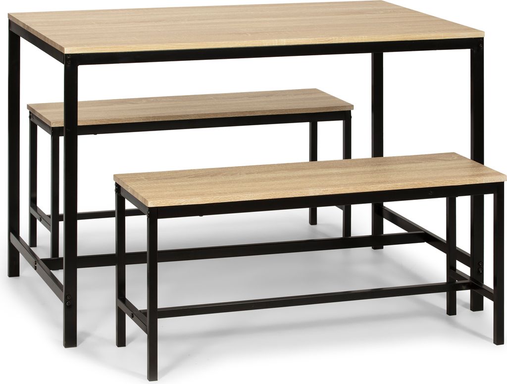 Set SEATTLE Tisch und 2 Bänke für Esszimmer oder Küche. Tisch 110 cm x 70 cm x 75 cm. Metallstruktur