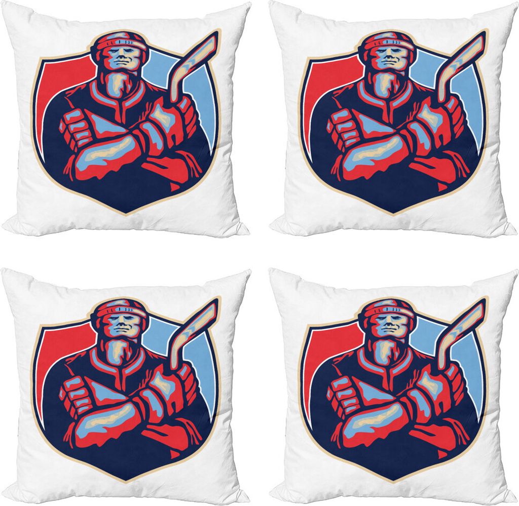 ABAKUHAUS Eishockey Kissenbezug Set (4 Stück), Spieler-Holding-Stick, Moderner Doppelseitiger Digitaldruck, 60 cm x 60 cm, Dunkle Coral Blassblau