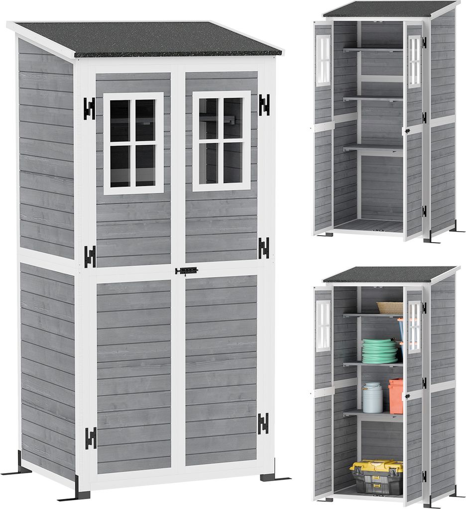 Outsunny Gartenschrank Holz, Geräteschuppen mit Abschließbar Tür 2 Fenstern Bodenplatte Asphalt-Pultdach Ablage 91x69x192cm, Hellgrau