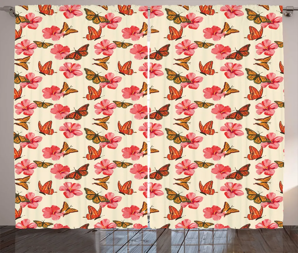 Rideau à motif Hibiscus Monarque corail et orange avec ruban froncé