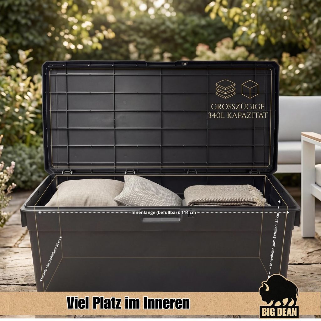 BigDean Auflagenbox Kissenbox Klicksystem 340 Liter Deckel