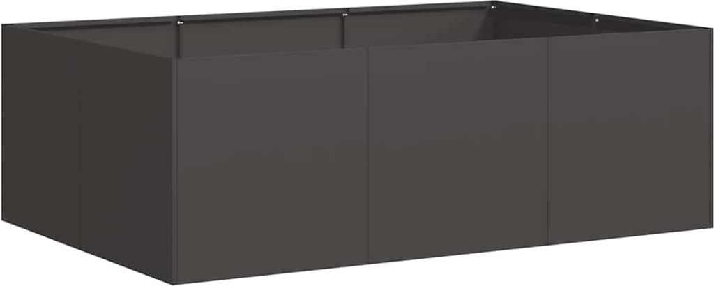 A dark gray rectangular planter box is shown from a slightly elevated side angle.