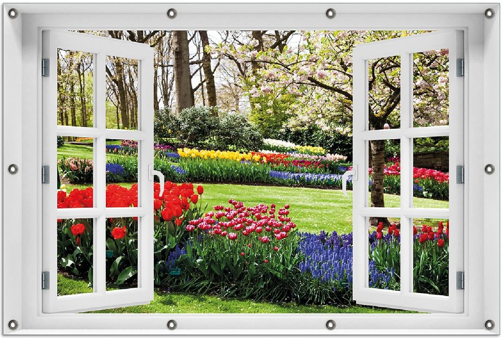 Wallario Outdoor-Poster für Garten oder Balkon 100 x 150 cm: Bunte Blumen und Kirsch-Baum im Park blühen im Frühling