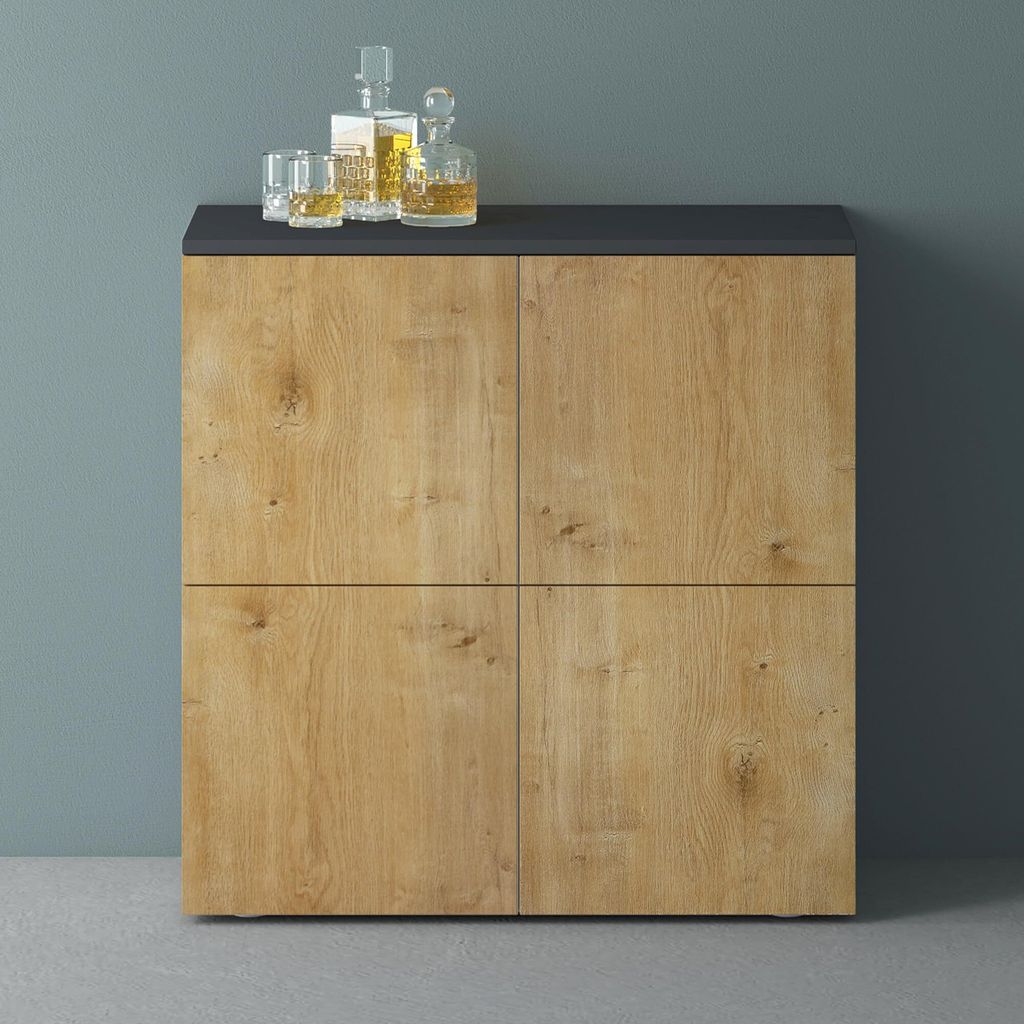 Mai & Mai Möbel Kommode Aufbewahrungsschrank mit 4 Türen in Anthrazit matt + Kerneiche Sideboard Schrank Mehrzweckschrank BTH: 76x36,4x74cm Schra...