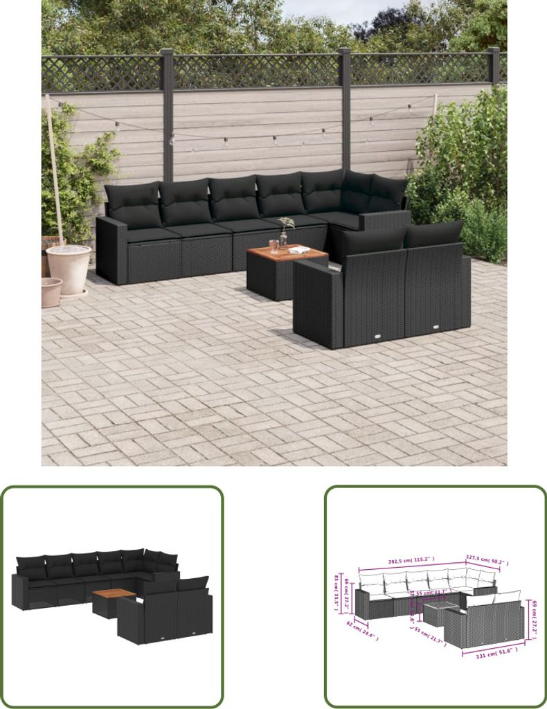 The Living Store 9-tlg. Garten-Sofagarnitur mit Kissen Schwarz Poly Rattan