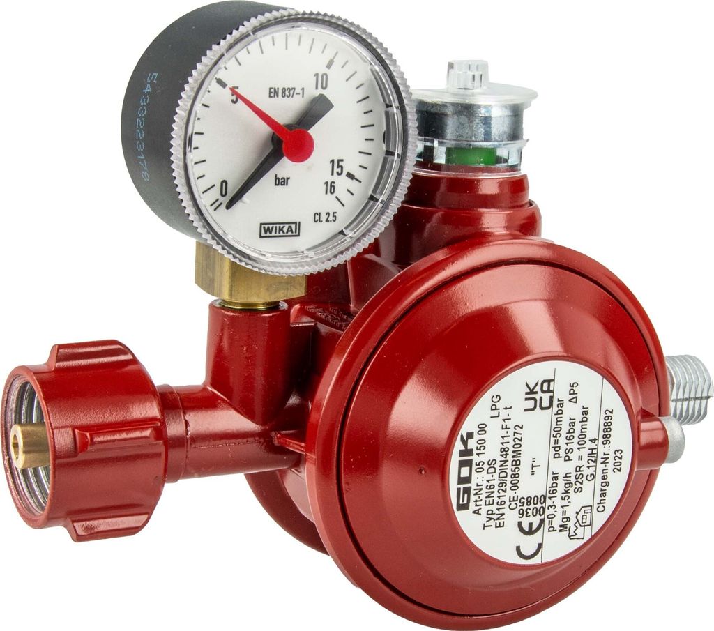 A red gas pressure regulator with a pressure gauge, shown against a white background.