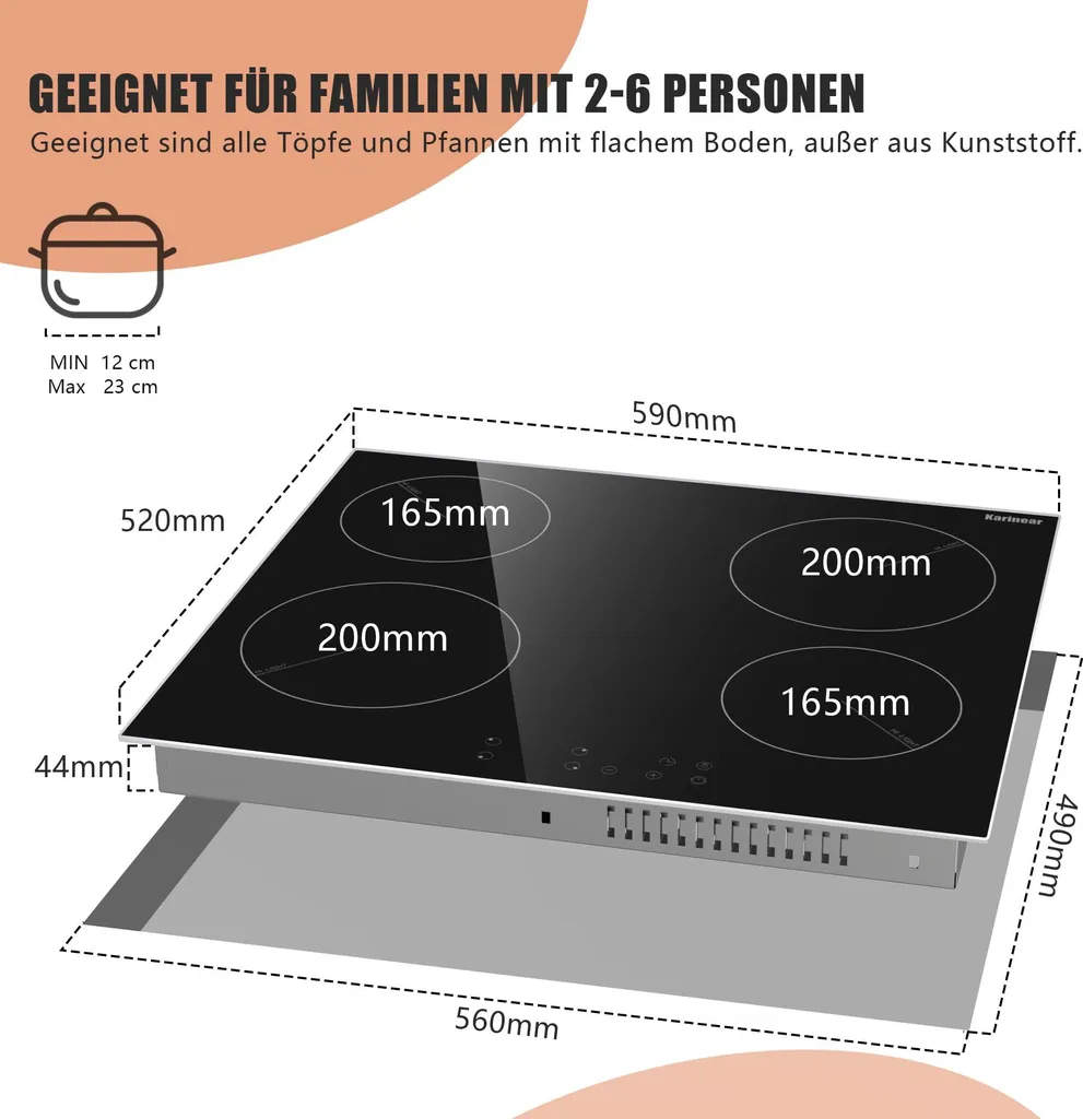 Table vitrocéramique 6000W à 4 zones et commandes sensitives
