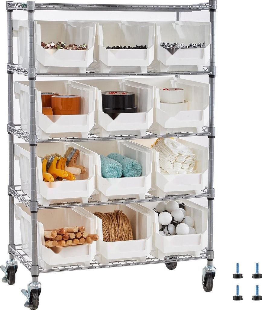 Lagerregal - Rollbares Regalsystem mit 12 Stapelboxen - 5 Ebenen - Werkzeugaufbewahrung - Für Garage Werkstatt Büro Küche