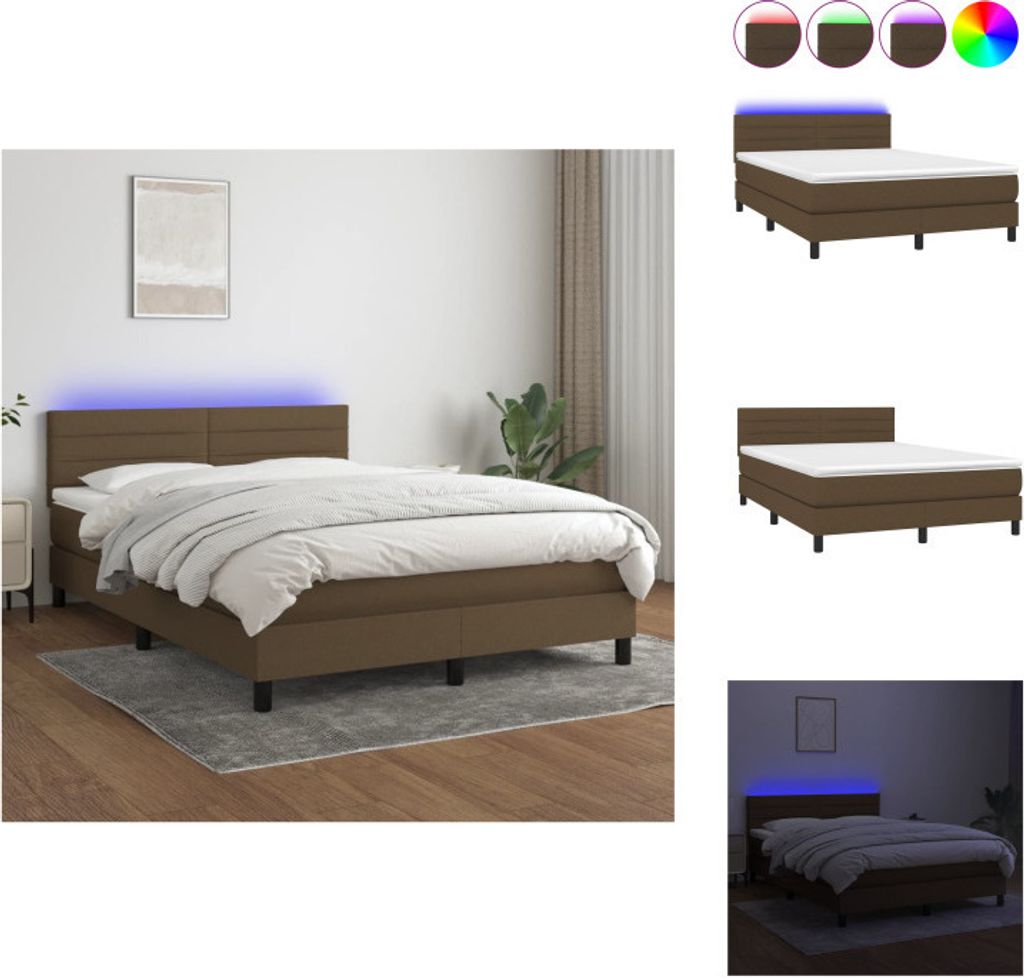 vidaXL Boxspringbett mit Matratze & LED Dunkelbraun 140x200 cm Stoff - Betten & Bettgestelle