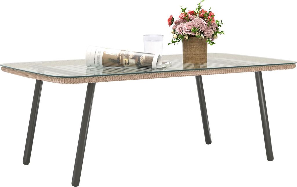 Garten-Couchtisch Polyrattan, 110x60x40 cm, Natur, 5 mm Sicherheitsglasplatte, wetterfest, pulverbeschichteter Stahlrahmen