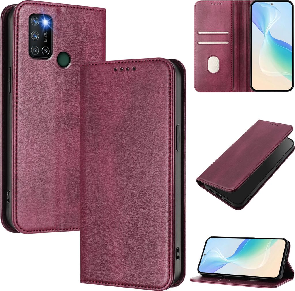 Handyhülle für Realme C17/Realme 7i, Vintage Leder RFID Schutz Kartenfach Standfunktion Magnetische Klapphülle Rot