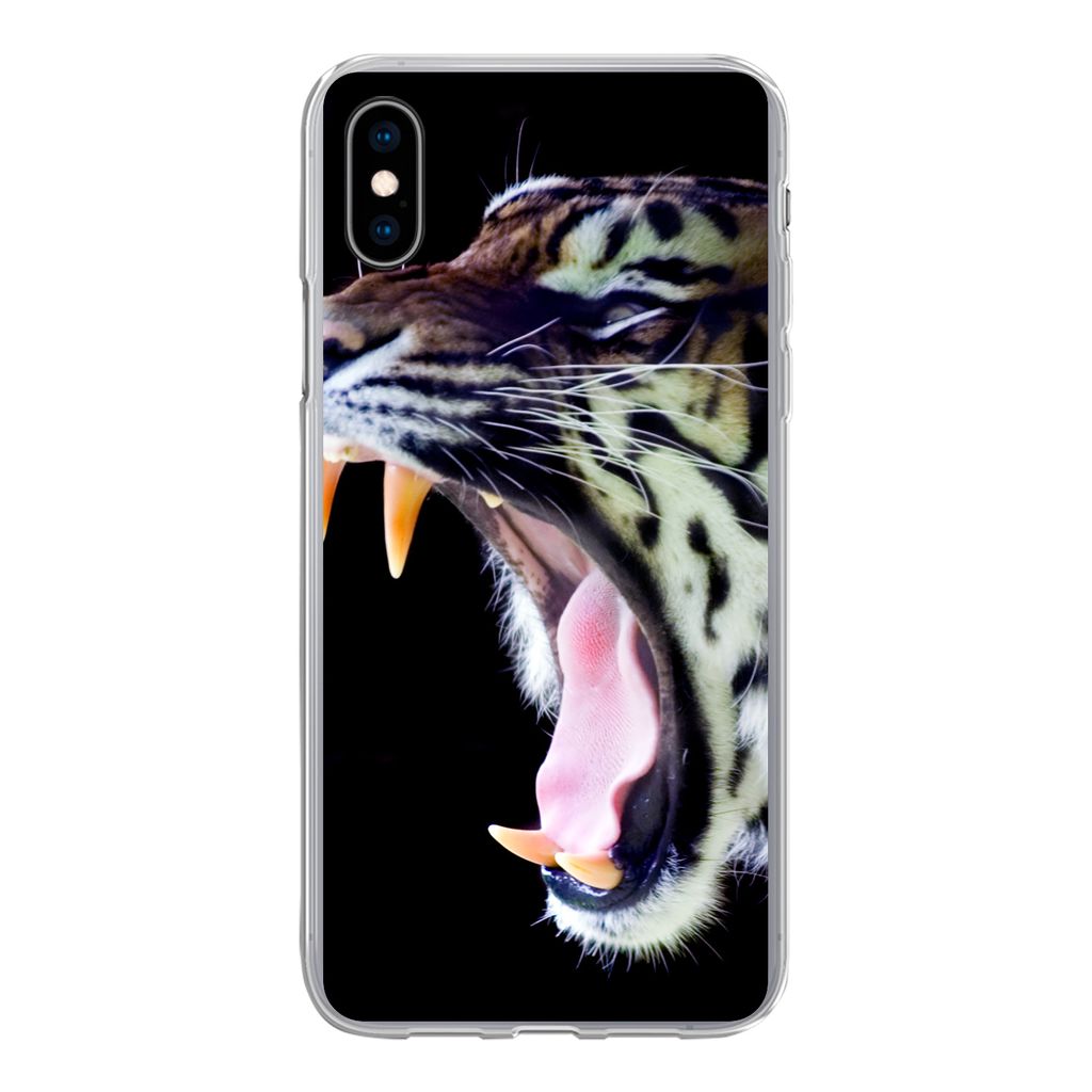 MuchoWow Handyhülle Schutzhülle Hülle für iPhone Xs Brüllender Tiger auf schwarzem Hintergrund Silikon Softcase Handy Hülle