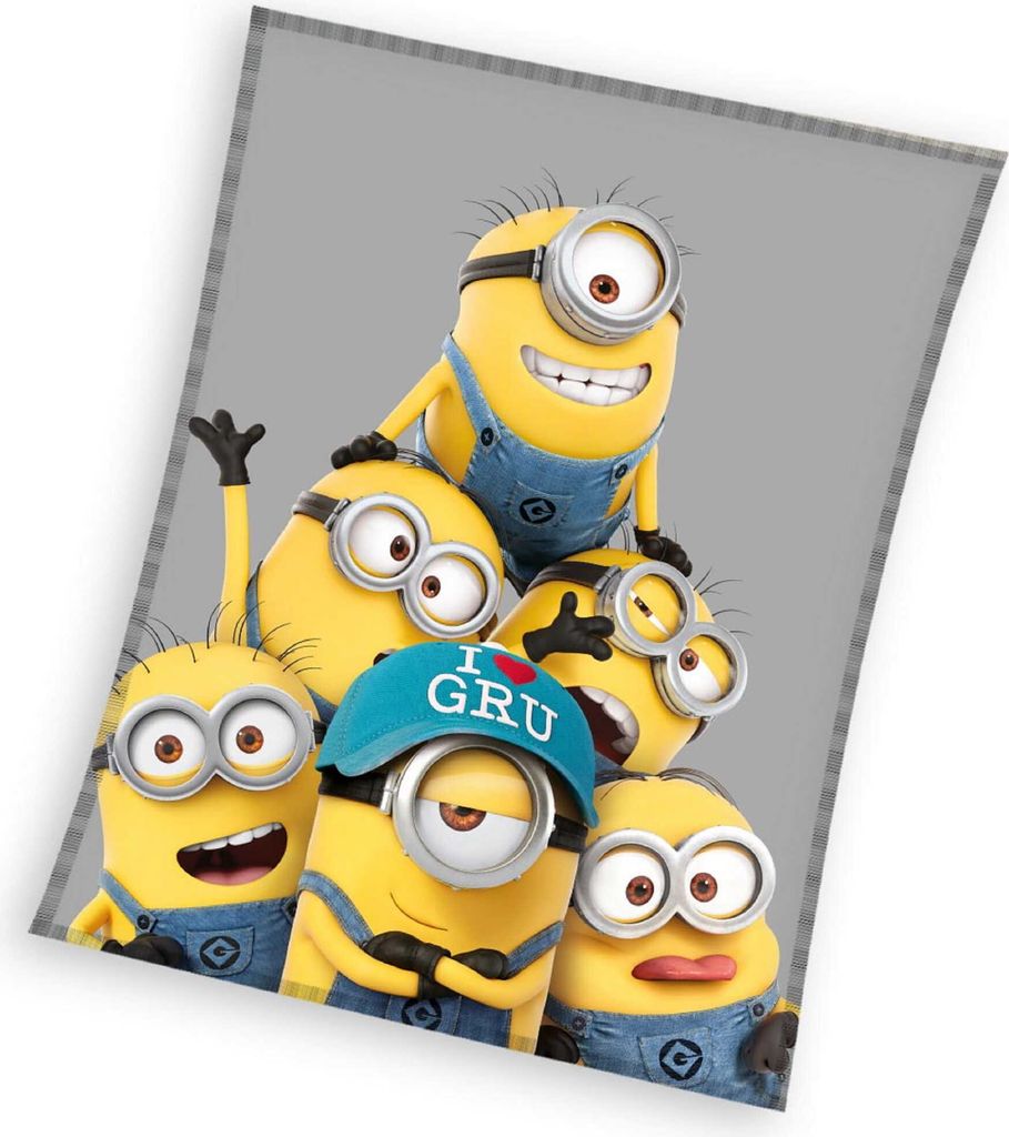 A group of Minions piled on top of each other, with one wearing a blue hat that says 'I LOVE GRU'.