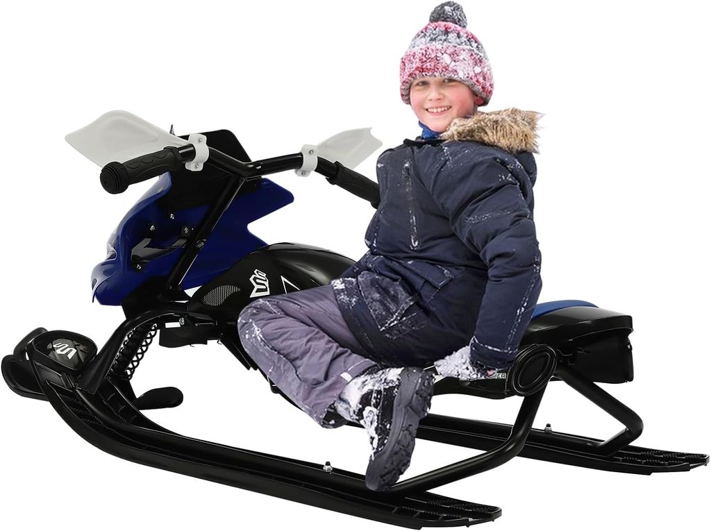 Schlitten Kinder, Schneeschlitten mit Lenkrad und Gepolsterter Sitz, Tragfähigkeit 80kg (Blau)