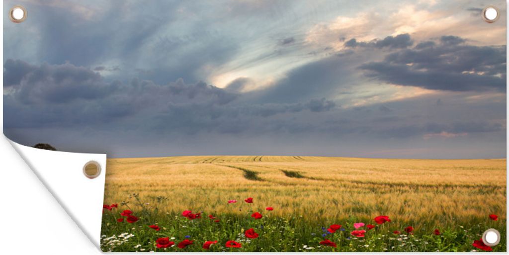 MuchoWow 160x80 cm Outdoor-Poster Gartendeko Sichtschutz Garten Poster für den Garten Blumen - Weizen - Wolken