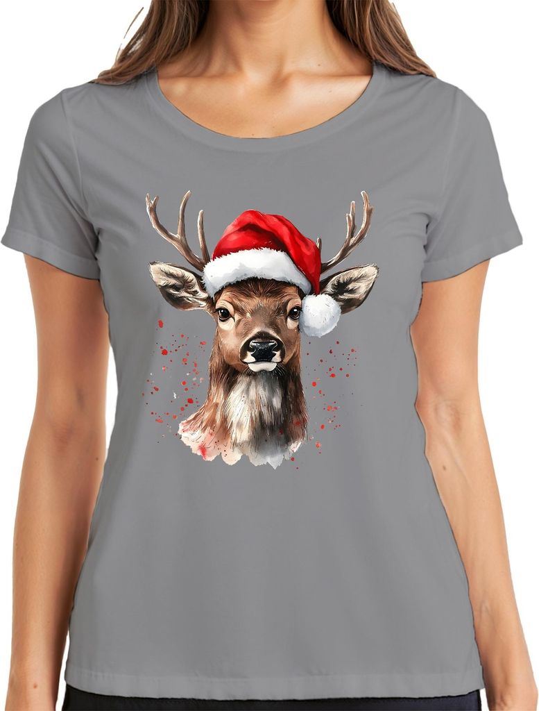 Rentier Santa Hut Weihnachten Aquarell Splatter Geschenk Retro Damen T-Shirt, Grau, M