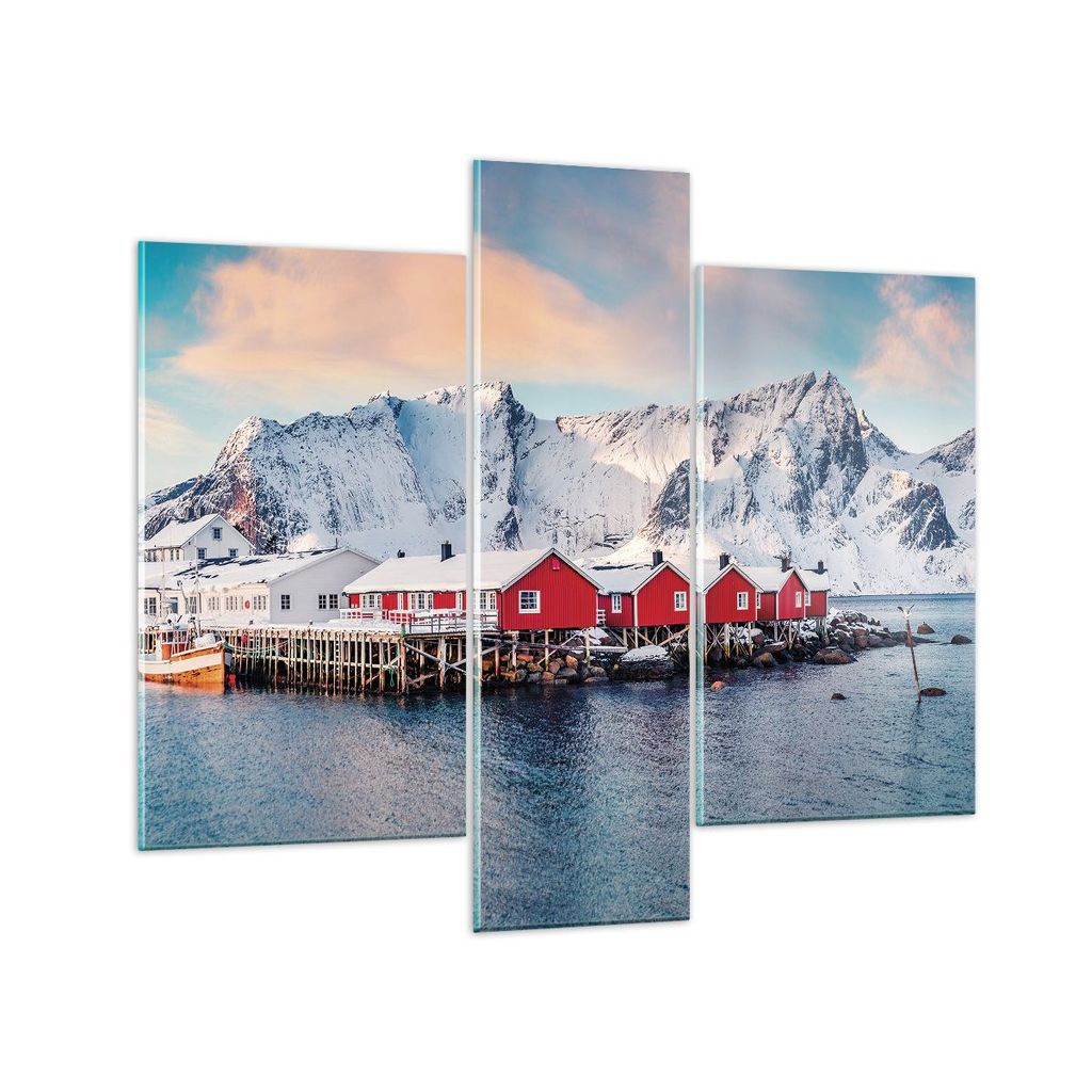 Bilder auf glas - 3 Teile - Lofoten Dorf Angeln - 95x80cm - Glasbilder - Wandbilder - Bilder - zum Aufhängen bereit - Wanddekoration aus Glas - Gl...