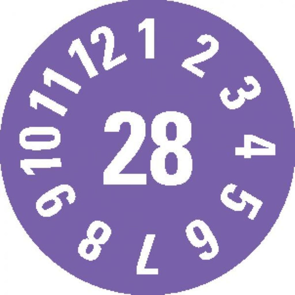 Dreifke Prüfplakette 28, violett, Dokumentenfolie, selbstklebend, Ø 8mm, 180...