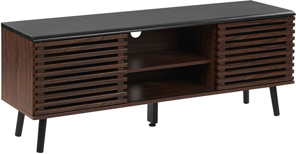 BELIANI TV-Möbel Dunkler Holzfarbton MDF Platte Massivholz 54 x 140 x 40 cm Rustikal 2 Türe 2 Schiebetüre Lamellenfronten Praktisch Wohnzimmer