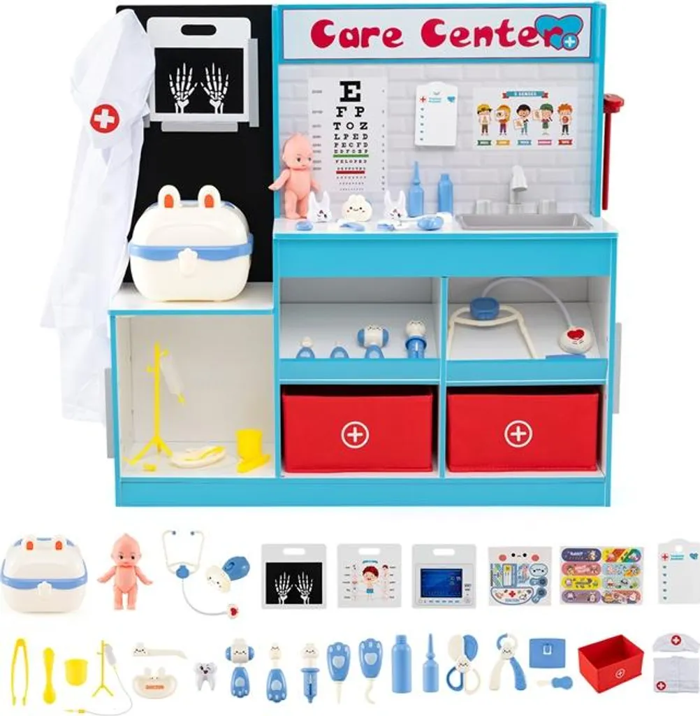 Jeu d'imitation docteur 29 accessoires bois avec radiographie et évier bleu