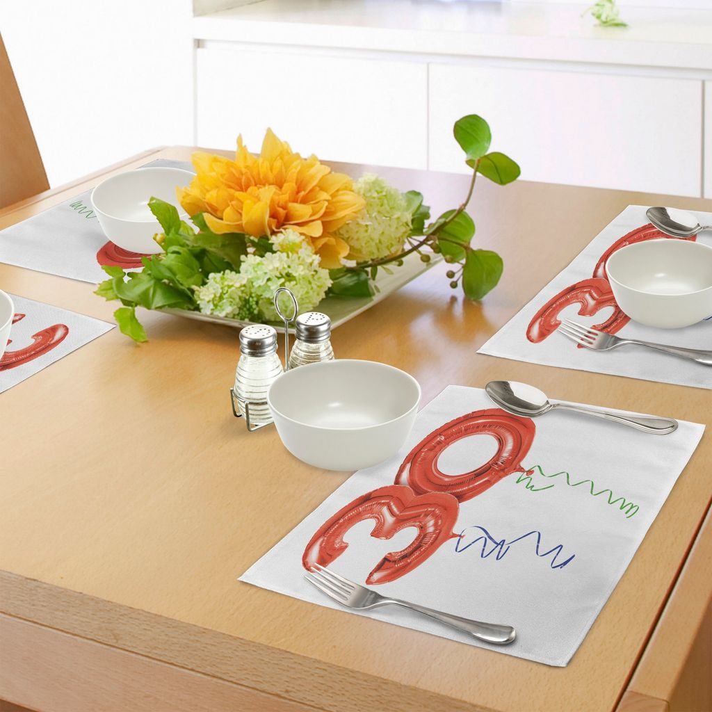 ABAKUHAUS 30. Geburtstag Platzmatten, Rot farbige Zahl-Ballone mit Strudel-Bändern festlichem Party Concept, Tiscjdeco aus Farbfesten Stoff für d...