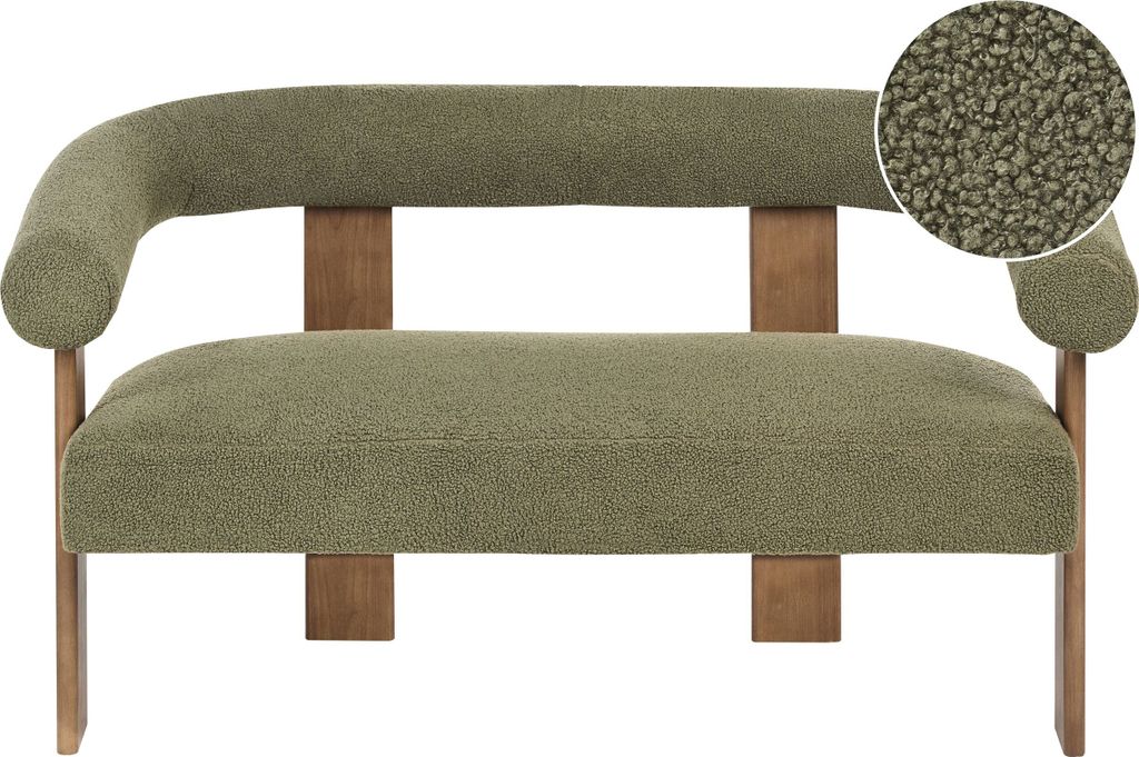 BELIANI 2-Sitzer Sofa Olivgrün Bouclé Teddy Optik mit Gepolsterten Armlehnen Geschwungene Rückenlehne Organische Form Dunkle Holzbeine Retro Design