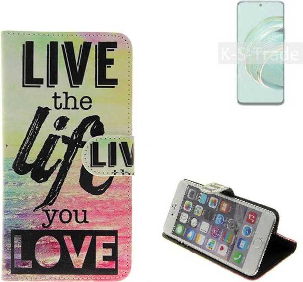 K-S-Trade Schutzhülle Handyhülle kompatibel mit Huawei nova 10z 360° Wallet Case ''live life love'' Klapphülle Tasche Etui Smartphone Flip cover