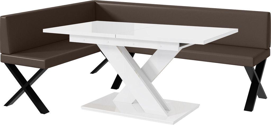 MEBLINI Eckbank für Esszimmer mit ausziehbarem Tisch - Küchenbank - Essecke - Sitzecke Küche - TONI - X-Beine 142x196x87cm Links - Braun Kunstle...