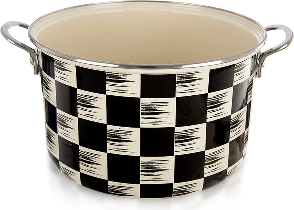 A black and white checkered pot with handles, shown from a slightly elevated front-side angle on a white background.